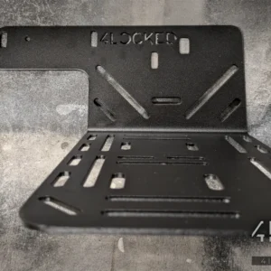 Front view of the heavy-duty ARB air compressor bracket with the laser-cut 4Locked Offroad logo on the upper plate