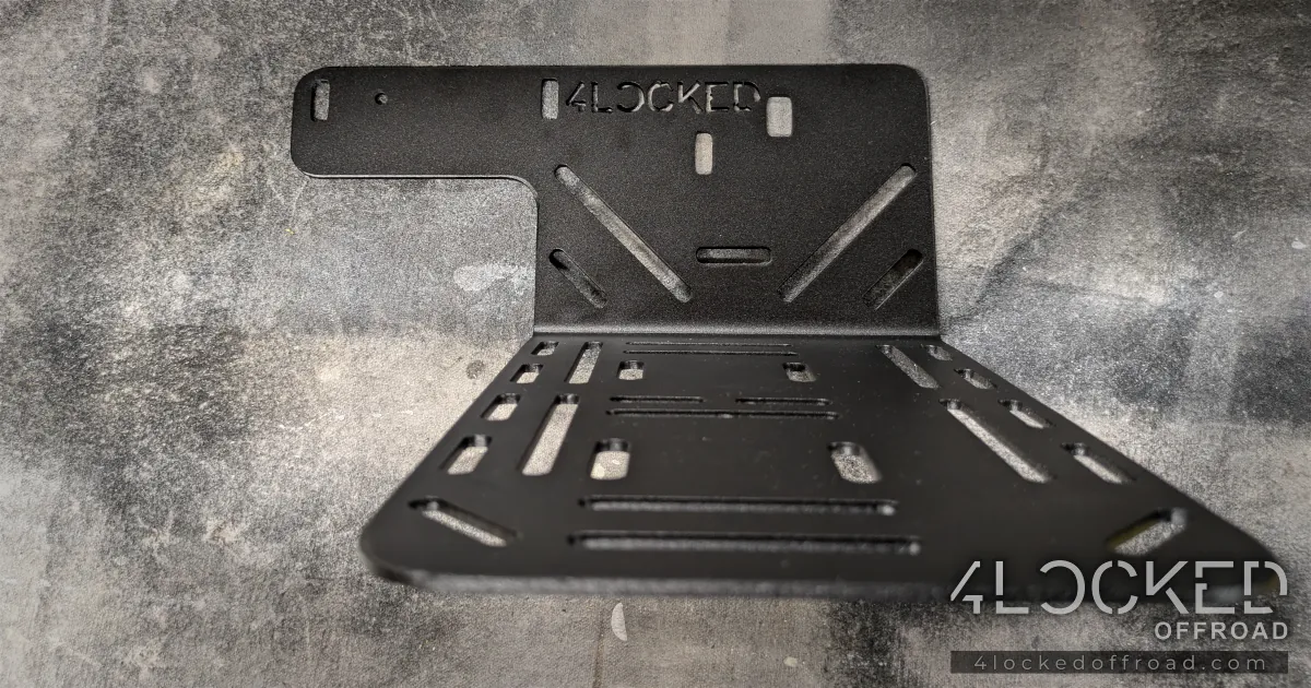 Front view of the heavy-duty ARB air compressor bracket with the CNC cut 4Locked Offroad logo on the upper plate