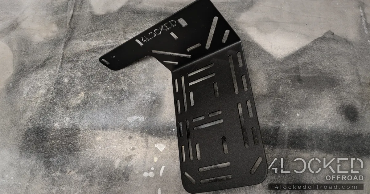 Side profile of the 4Locked Offroad ARB compressor engine bay bracket showing the vertical fender-mounting plate
